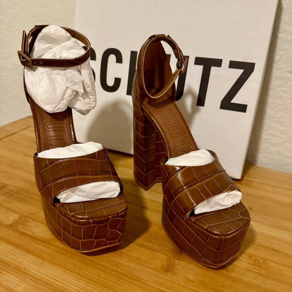 Schutz Lenne Wide Croco Leather Sandals - Brown , Size 8